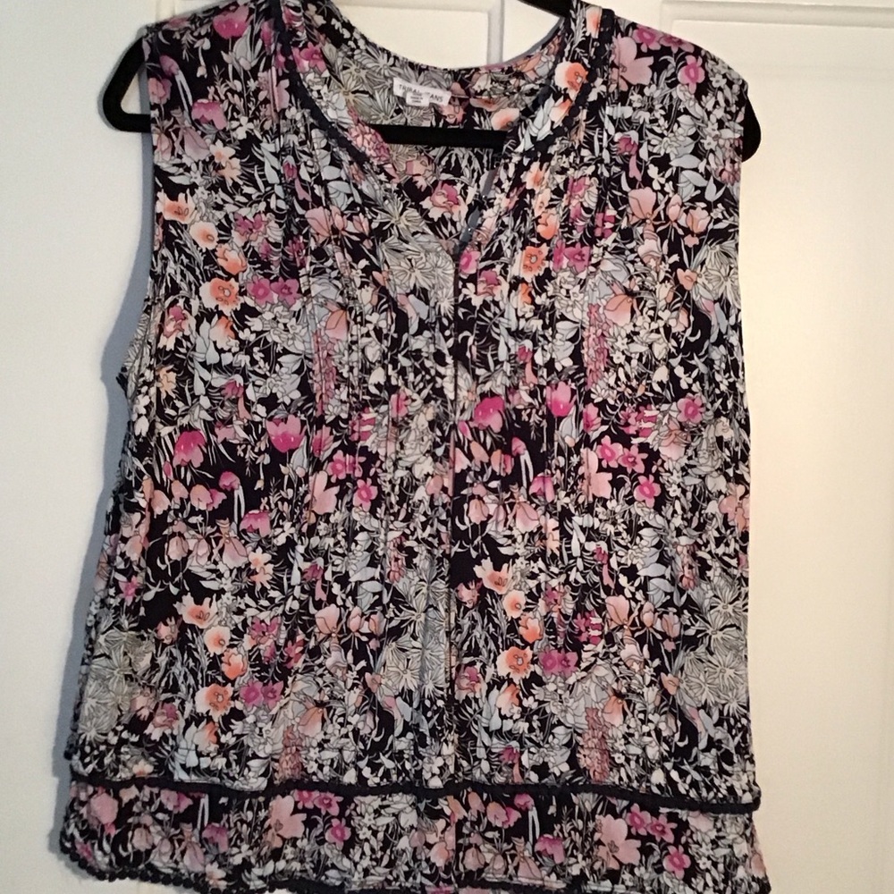 Tribal Floral Sleeveless Blouse - Navy/Pink M